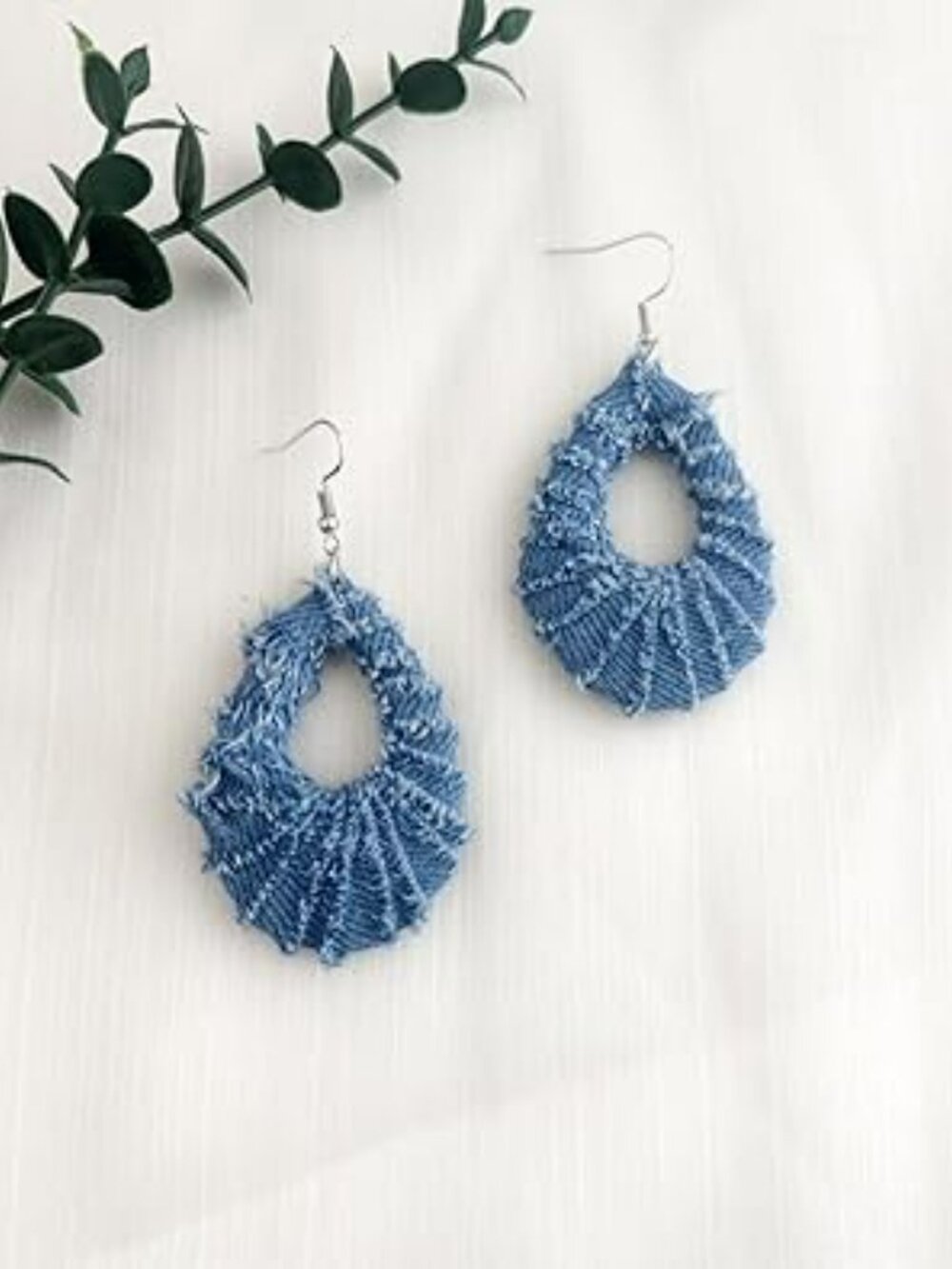 NEW Denim Jean Like Large Hoop Earrings Bohemian Blue Tear Drop Statement